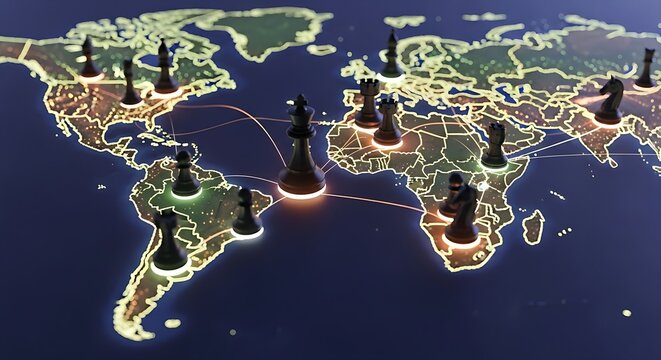 Global strategy visualized on a world map with chess pieces and connected networks
