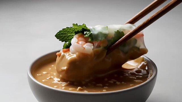 A spring roll filled with shrimp and herbs is dipped into a peanut sauce, held with chopsticks