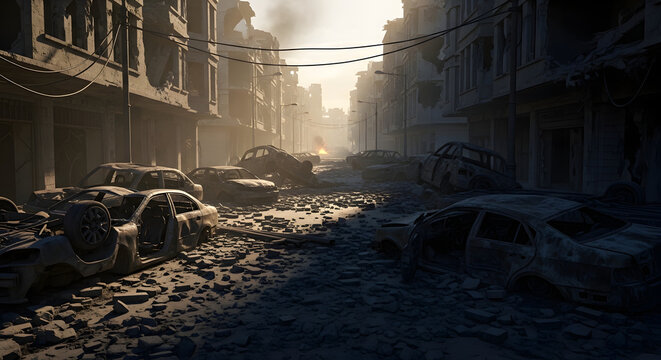 Post-apocalyptic street scene with destroyed cars and damaged buildings under a hazy sky, conveying a sense of desolation and ruin