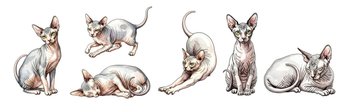 Watercolor illustration of hairless sphynx cat breed in artistic drawing style for creative animal design