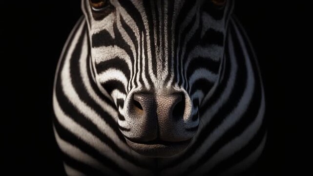 Close-up of a zebra's face, showcasing striking black and white stripes and expressive eyes