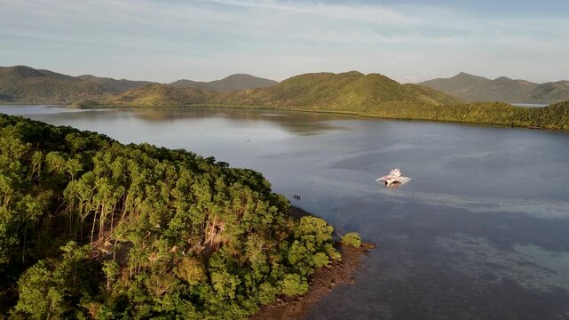 Drone aerial view of Palomaria Island basecamp near Coron in the Philippines