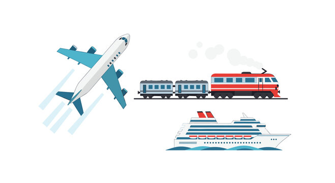 Three different modes of transport are depicted on a white background, featuring an airplane, a train, and a cruise ship.