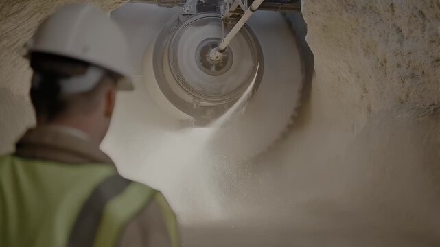 Industrial Worker Observes Tunnel Boring Machine in Action