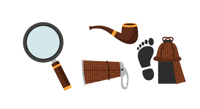 Magnifying glass, brown tobacco pipe, deerstalker hat, boot print, and a brown striped bugle are presented as detective items.
