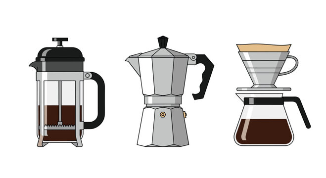 A collection of coffee brewing equipment including a French press, a traditional moka pot, and a modern pour-over dripper.