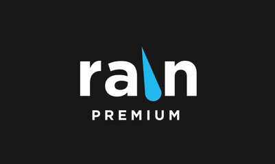 Rain Premium Minimalist Logo with Blue Raindrop and White Text on Dark Background
