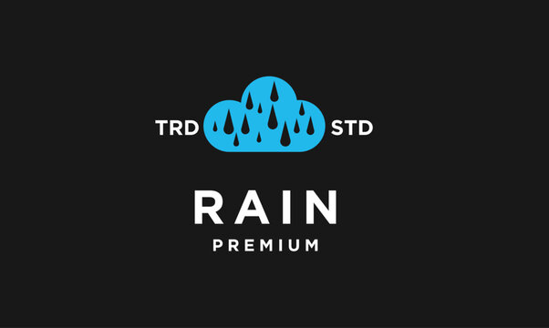 Blue Rain Cloud Logo with Falling Drops and 'RAIN PREMIUM' Text. Modern Flat Vector Design on Black Background with 'TRD' and 'STD'.
