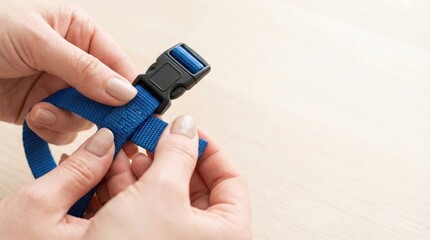 Close-up of female hands fastening a black plastic side-release buckle on a blue nylon strap, showing a connection concept.