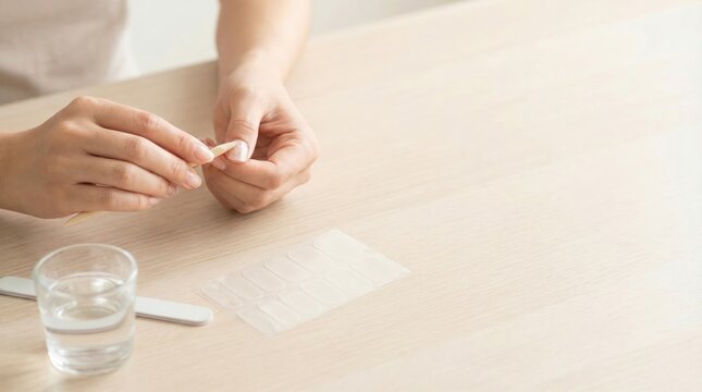 Woman giving herself a manicure at a wooden table, using an orange stick to push back cuticles for a clean look.