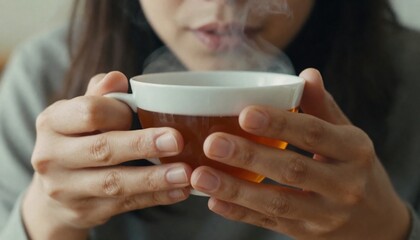 Person holding a steaming cup of tea in both hands, creating a warm and cozy atmosphere.