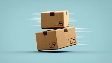 Fragile cardboard boxes in motion on blue background with speed lines
