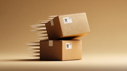 Two brown cardboard boxes stacked with shipping labels and blur