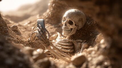 Ancient skeleton with smartphone in desert sand archaeological site