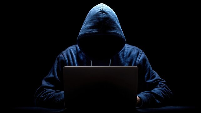 Anonymous hacker in hoodie sits at a laptop on a black background. Cybersecurity concept, cybercrime and digital threat of modern times.