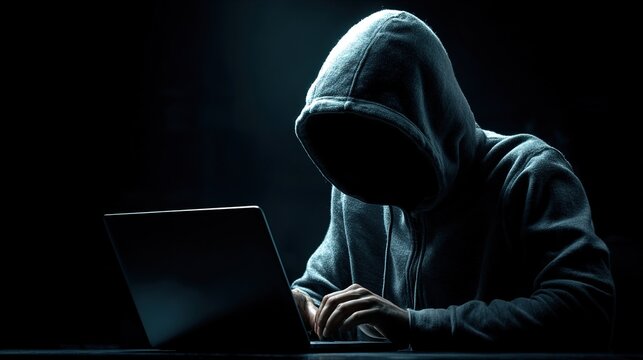 Anonymous hacker in hoodie sits at a laptop on a dark background. Cybersecurity concept, cybercrime and digital threat of modern times.