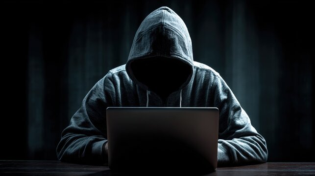 Anonymous hacker in hoodie sits at a laptop on a dark background. Cybersecurity concept, cybercrime and digital threat of modern times.