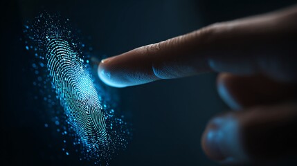 Biometric authentication fingerprint scan with glowing blue lines