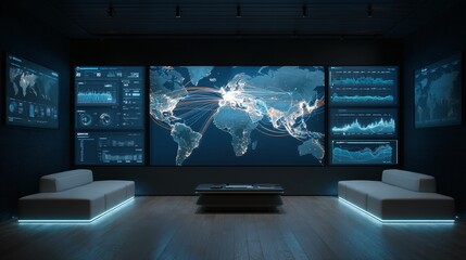 Futuristic command center with global network visualization on screens