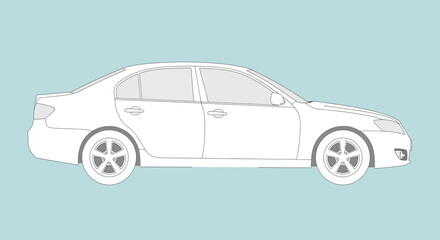 Clean vector illustration of a white sedan car on a light blue background
