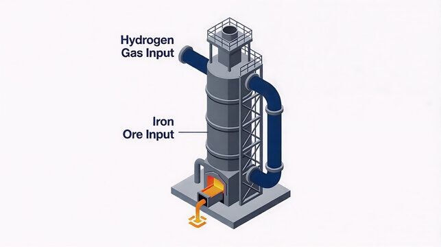 Green Steel Furnace Icon | Minimalist 3D Isometric Art of Hydrogen Direct Reduction & Sustainable Metallurgy