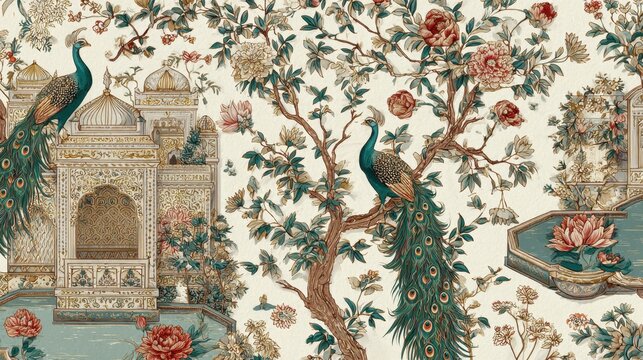Vintage Indian Mughal garden landscape with peacocks and palaces.