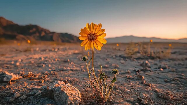 A lone yellow flower stands resilient in the desert, evoking hope and perseverance against a serene sunset backdrop.