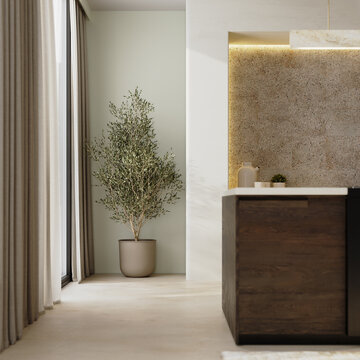Modern kitchen interior with sone and wooden elements, olive tree, 3d