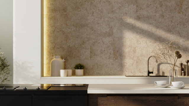 Kitchen island countertop with modern kitchen background