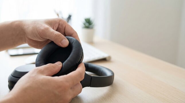 Man replacing the old black leatherette ear pads on a pair of wireless headphones at his desk for better comfort.