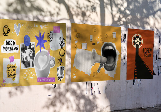 Real photo of three Posters on Urban Wall With Shadows. PSD mockup