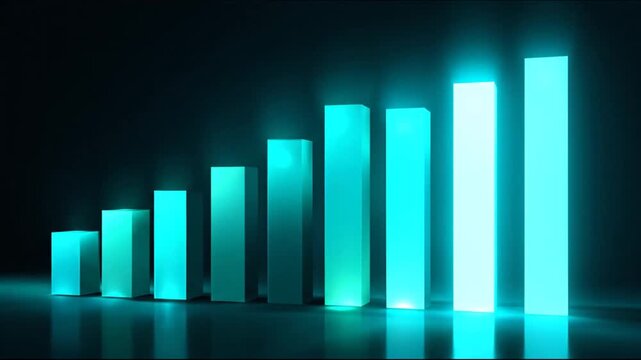 Graphic with glowing blue bars ascending, suggesting growth or progression against a dark backdrop