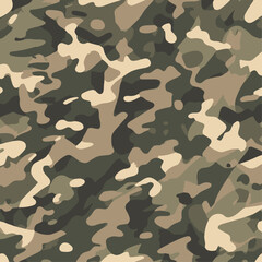 Fototapeta premium Seamless Desert Camouflage Pattern with Khaki and Tan Shapes, Traditional Arid Military Woodland Vector Illustration for Tactical Gear, Textile Design, Outdoor Apparel and Hunting Surface Texture