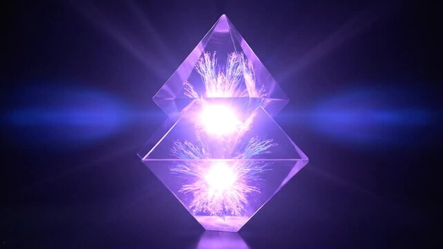 A geometric abstract composition featuring a transparent, multifaceted prism with internal floral-like elements