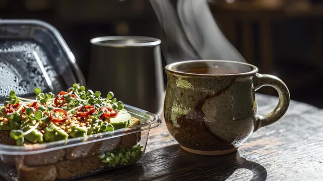 Avocado toast with microgreens and a mug of steaming drink on wooden surface