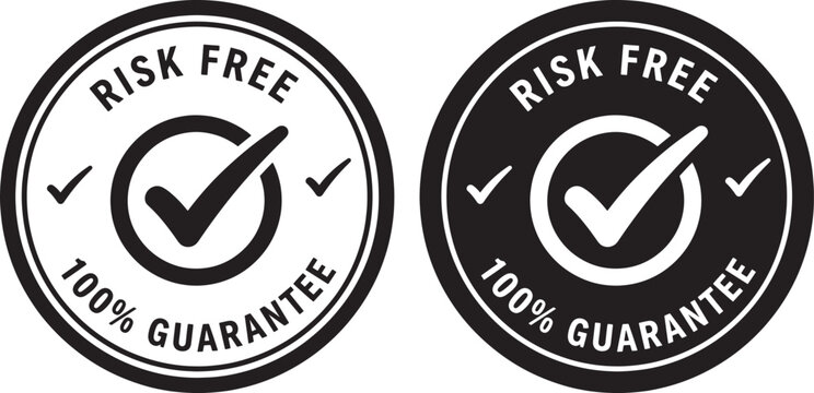 Risk free badge with check mark icon and 100 percent guarantee text in black circle seal design