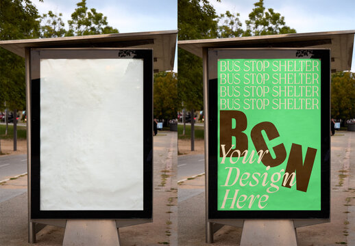 Real photo of Urban panel in bus shelter in Barcelona. PSD mockup.