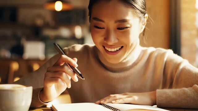 Young asian woman focused on writing in her notebook at a sunny cafe for idea generation concept and thoughtful reflection