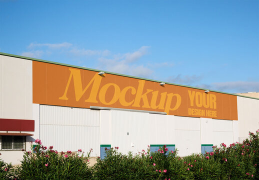 Real photo of  wallscape Warehouse on a Sunny Day. PSD mockup.