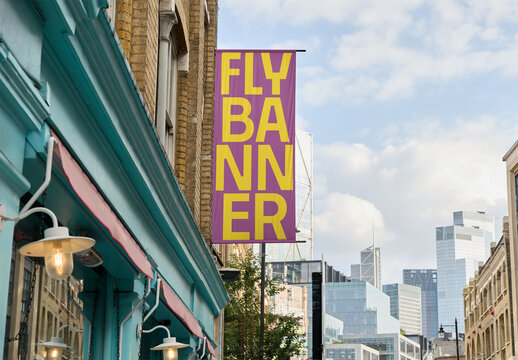 Real photo of Fly banner in London. PSD mockup.