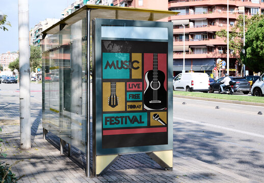 Real photo of Ad Bus Stop Shelter Mockup in Barcelona. PSD mockup.
