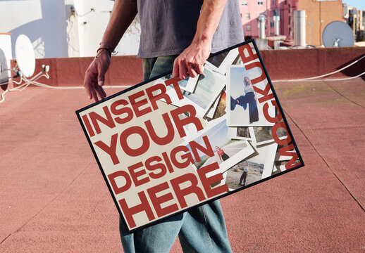 Real photo of Man holds an empty frame on a rooftop. PSD mockup.