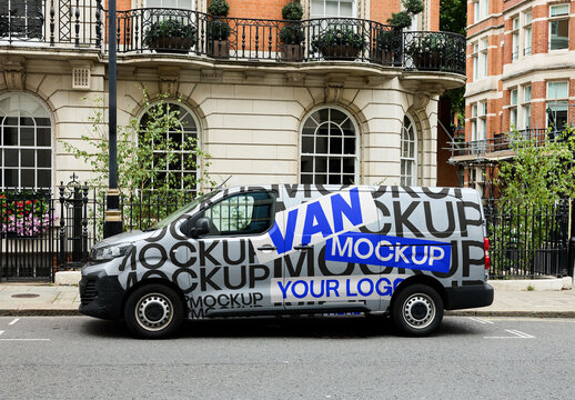 Real photo of delivery Van Parked in London. PSD mockup.