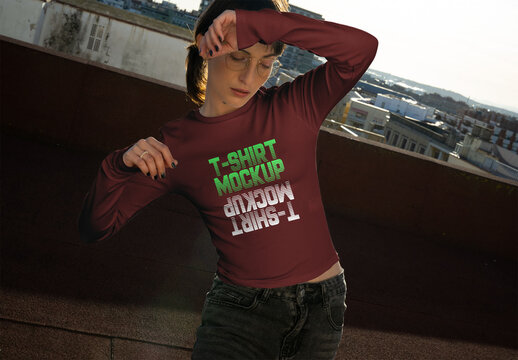 Real photo of Long-sleeved T-Shirt. PSD mockup.
