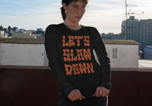 Real photo of Long-Sleeved T-shirts on Model. PSD mockup.