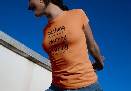 Real photo of Women in fitted short-sleeved t-shirt. PSD mockup.