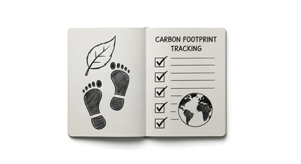 "An open notebook featuring hand-drawn carbon footprint tracking symbols, including footprints, a leaf, and a checklist for sustainable living."
