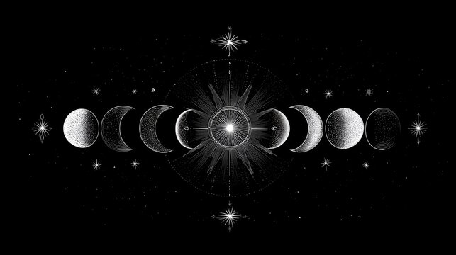 minimalist mystical moon phases sacred geometry celestial vector illustration