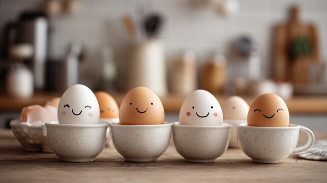 cute happy eggs in white bowls on kitchen table
