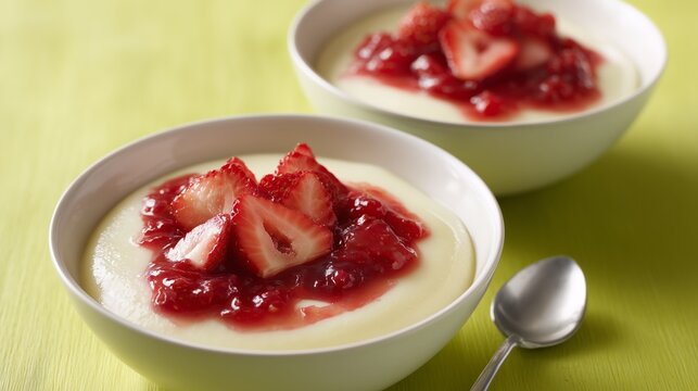 creamy protein semolina pudding with strawberry compote top view